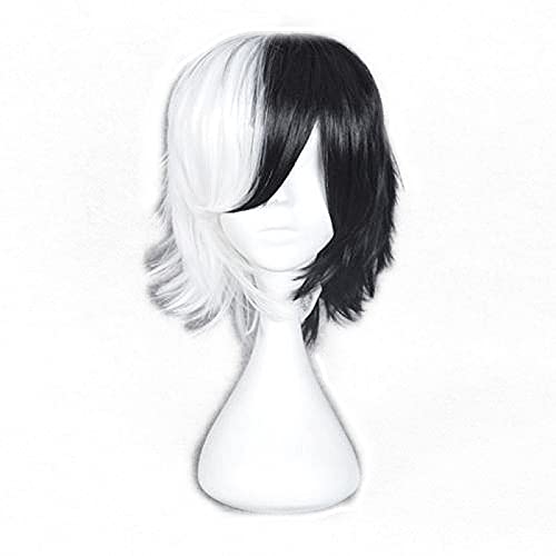 Men Women Half White Half Black Wig Halloween Short Fluffy Layer Cosplay Wig With Bangs (Short Straight)