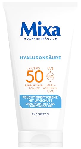 Mixa UV 50 Hydrating Care, Für sensible Haut, Schutz vor UVB + UVA + Long UVA, SPF 50, Mit Hyaluronsäure, Geeignet für Gesicht & Hals, Hypoallergen, 50 ml