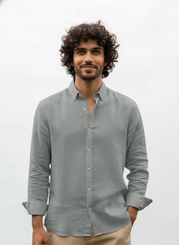 Image of Men's Linen Cotton Shirt | Solid Design | Full Sleeve | Regular Fit | Button Down Collar | Summer Casual & Formal Wear