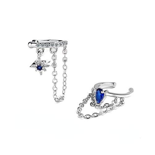 ハイグレードダブルレイヤーチェーンKleinブルーイヤークリップINS水滴米ジルコン疑似イヤリング耳なし (パックオブ2)