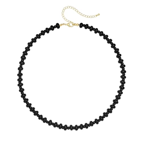 KYROVIA Colorful Beaded Choker Necklaces for Women Large Natural Stone Bead Boho Necklace Trendy Jewelry Gifts 16+3 Inches (Black)