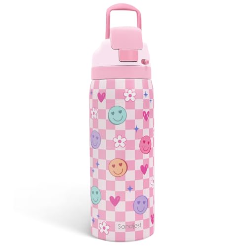 Image of Checkered and Smiley Face Stainless Steel Water Bottle, Vacuum Insulated, Push-Button Lid, 32 oz, Gifts for Women Girls Friends Teens Birthday Christmas