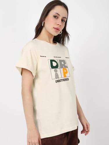 Image of Bewakoof Women's 100% Cotton Typography Boyfriend Fit Half Sleeve Round Neck T-Shirt | Casual wear | Streetwear | Oversized Tshirt for Woman Cotton| Baggy