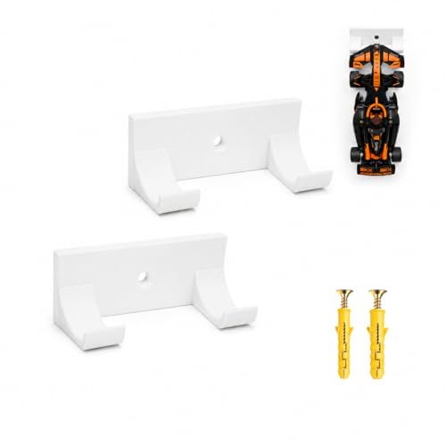 Image of 2 Pack F1 Car Wall Mount Compatible with Speed Champions Building Brick Cars | Racing Car Display Hanger with Screws Included | Durable Bioplastic Wall Holder for Collectible Toy Cars (White)