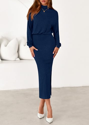 PRETTYGARDEN Turtle Neck Dresses for Women 2025 Fall Knit Outfits Slit Elastic Waist Long Sleeve Bodycon Midi Sweater Dress2