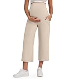G4Free Umstandshose Damen Hohe Taille Yogahose Umstandsmode Sommer für Schwangere 3/4 Weites Bein Schwangerschafts Stretch Lose Lounge Arbeitshosen (Helles Khaki,L,21")