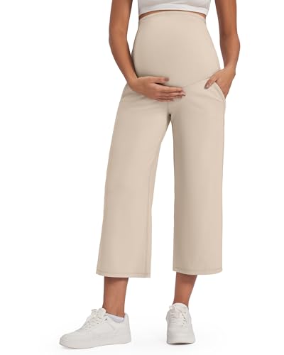 Image of G4Free EverGoing Maternity Yoga Capris Over The Belly Stretch Wide Leg Pregnancy Cropped Pants with Pockets 19‘’/21''/23''