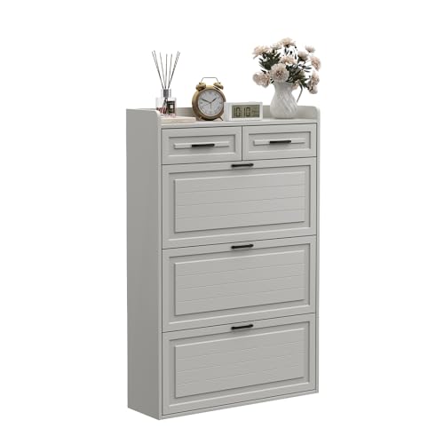 CuisinSmart Shoe Cabinet with 3 Flip Drawers and 2 Storage Drawers, Easy to Store 18-24 Pairs of Shoes, Adjustable & Removable Panel, Shoe Storage Cabinet for Entryway, Hallway, White