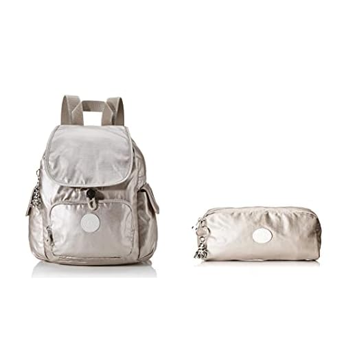 Kipling City Pack Mini, Zaino Donna, Argento (Metallic Glow), 27x29x14 cm + Gleam, Portamonete Donna, Argento (Metallic Glow)