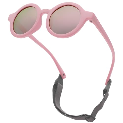 LOJUDI Baby Sonnenbrille 0-24 Monate, Polarisierte mit Riemen Verstellbar Weicher Silikonrahmen Rund Kinder UV400 Schutz Sonnenbrille Baby für 0-2 Jahre - Rosa Rahmen/Rosa Verspiegelt