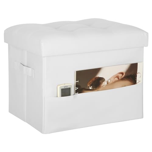 BelugaHelper Ottoman with Storage. Leather Foldable Ottomans with Thick Foam Padded Seat. Foot Rest Stool Storage for Living Room and Bedroom. Side Pockets and Handles Designed. 17x13x13in, White