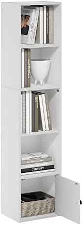 Furinno LUDER Book Shelf, 5-Tier Modern Bookshelf, Bookcase with 1 Door Storage Cabinet, 9.3 x 12 x 52, for Living Room, Bedroom, Home Office, White