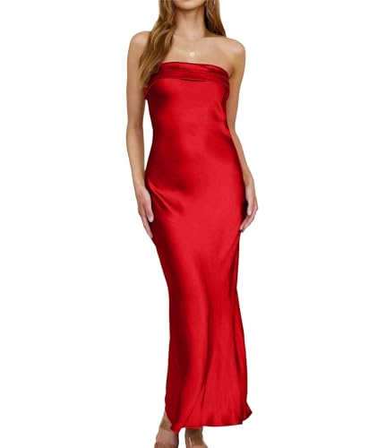 xxxiticat Vestido maxi de satén sin espalda para mujer, elegante, sin tirantes, vestidos largos para invitados de boda, rojo, M