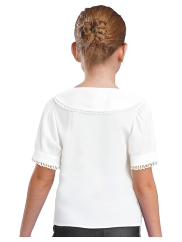 Kids Girls Lace Trim Short Puff Sleeve Dress Shirts Button Down Blouse School Uniform Shirts Princess Tops2