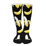 Meaudiwes Boy's Sport Baseball Compression Socks, Girl's Party Birthday Gift Socks, Soft Travel Knee High Stockings, Fashion Dress Decor Yellow Banana Fruit Funny Black Pattern