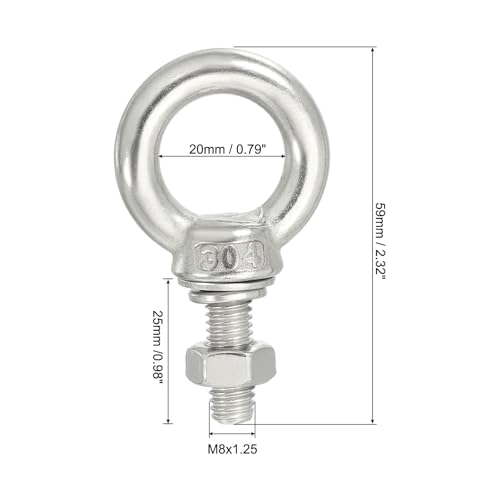 Image of uxcell M8*25 5 /16 inchx0.98 inch Stainless Steel Eye Bolts Threaded Screw Eyebolt Shoulder Ring with Nuts Washers for Lifting Hanging, 2 Set
