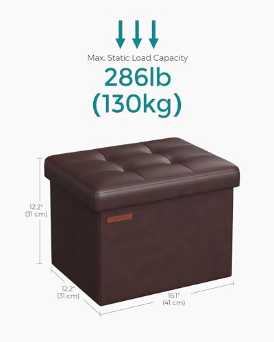 Image of SONGMICS Small Folding Storage Ottoman, Foot Rest Stool, Cube Footrest, Synthetic Leather, 12.2 x 16.1 x 12.2 Inches, 286 lb Capacity, for Living Room, Bedroom, Dorm, Chestnut Brown ULSF100K02