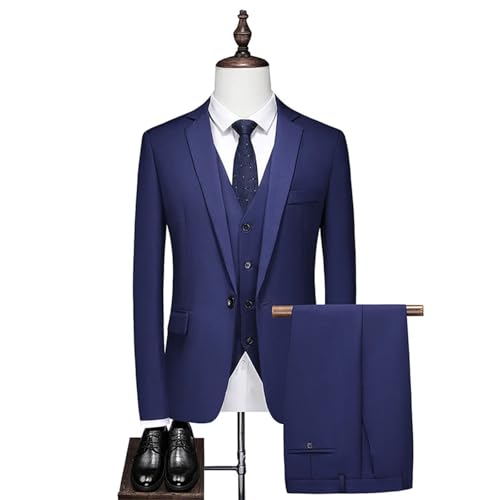 Men's Solid Color Casual Career Suit Jacket Youth Dress Small Suit Three-Piece Set Blue4