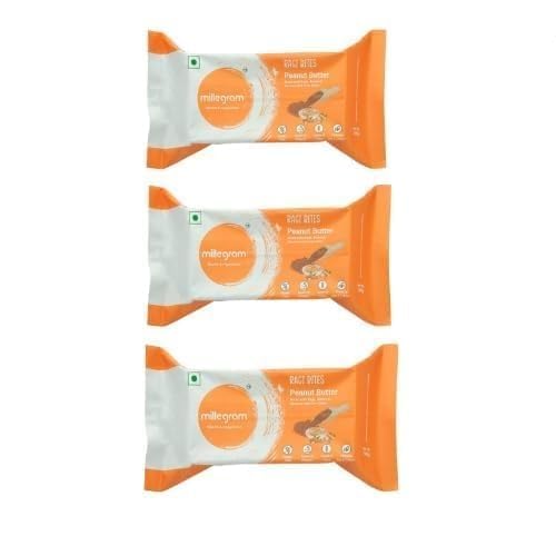 Millegram Ragi Bites Peanut Butter Flavour (Pack of 15 X 20G) - 3G Protein & 2G Fiber Each Bars | High Protein Goodness of Ragi, Peanut Butter, Jaggery Almond & Cow Ghee. Gluten-Free Snack with No Added Refined Sugar, Preservative-Free