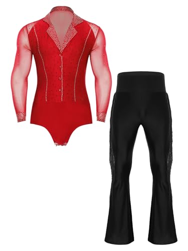 Oyolan Ensemble de Patinage Artistique Homme Justaucorps Patinage sur Glace Strass Manches Longues Pantalon Frangé Costume Rouge M