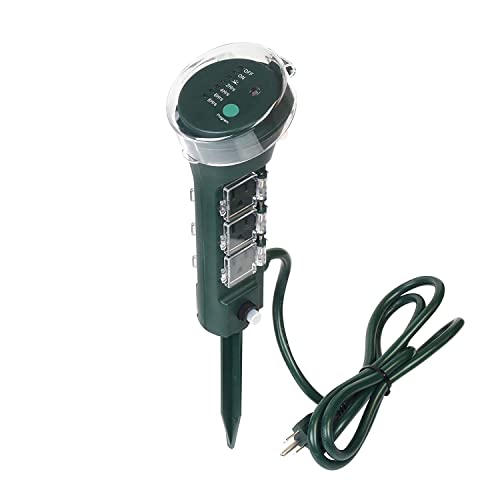 Clear Power Outdoor Power Strip Yard Stake Digital Timer with 7 preset Settings, 6 Grounded Outlets 6 ft Cord Weatherproof for Outdoor Lamps Lights Ponds Christmas Lights, DCOT-0008-DC