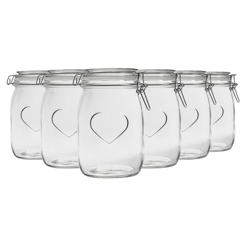 Nicola Spring Heart Shaped Glass Storage Jar with Airtight Clip Lid - 1000ml - 6 Pack - 4 Colour Seals - Kitchen Vintage Round Preserving Container for Pickling, Chutney, Jam, Coffee, Oats