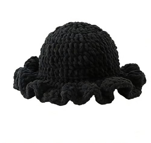 Handmade Knitted Fisherman's Hat with Cartoon-Style Fashionable and Warm Knitted Hood Black