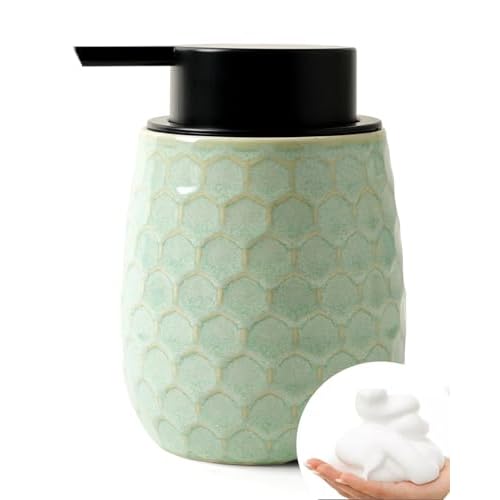 Foaming Soap Dispenser, 12OZ Ceramic Foam Hand Soap Dispenser with Honeycomb Design for Kitchen or Bathroom, Refillable Dish Lotion Dispenser, Green, ANTIS'S HOME Green Foam