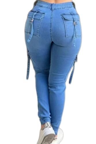Women Slim Fit Stretch Cargo Denim Pants High Waist Washed Vintage Work Casual with Flaps 6 Pockets2