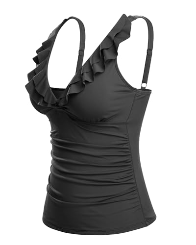Image of Ruffle V Neck Tankini Top Only Women Tummy Control Swimsuit Tank Top | Removable cups for custom bust lift, Blend soft spandex to stretch easily