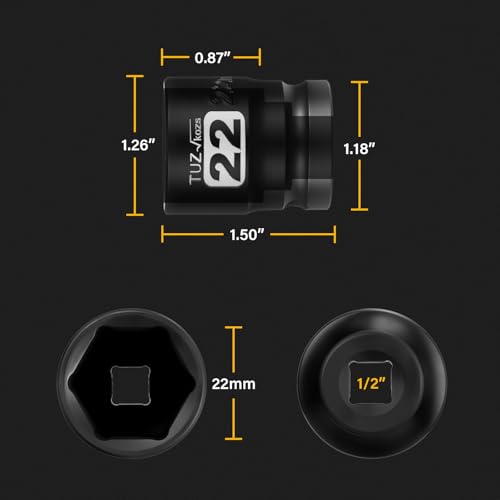 Image of 1 /2 Inch Drive 22mm Shallow Metric Impact Socket,CR-MO,6 Point Radius Corner Design,Square Chamfered Opening,Axle Nut Impact Grade Socket for Easy Removal