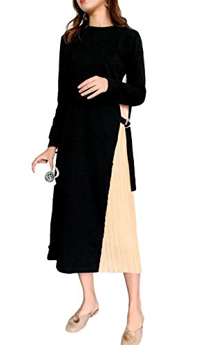 [ニブンノイチスタイル] ワンピース プリーツ フレアー フェミニン お呼ばれ ドレス レディース (BLACK/BEIGE, M)