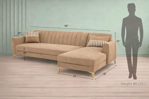 Image of Adorn India Premium Luster 6 Seater L Shape Sofa Set | Velvet Suede Fabric | 3-Year Warranty | RHS |Color Camel with Golden Legs & Striped Pattern Cushion