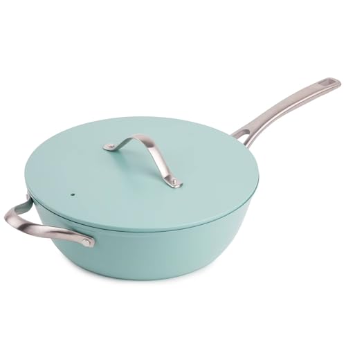 Nonstick Aluminum Chef Pan with Steamer Basket, 11 Inch, Blue Color, Compatible with All Cooktops