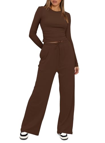 Darong Women's 2 Piece Outfits Lounge Sets Ruched Long Sleeve Tops and Wide Leg Pants Tracksuit Sets 9065B Coffee L