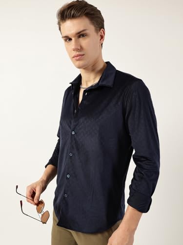 Image of Thomas Scott Men's | Solid | Textured Fabric | Full Sleeve | Slim Fit | Polyester-Blend | Spread Collar | Casual Shirt