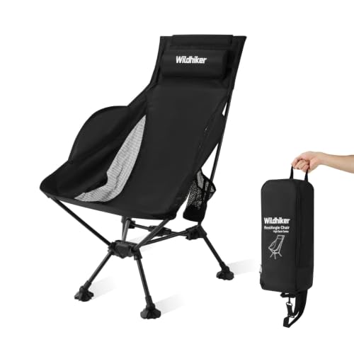 Image of Wildhiker High Back Camping Chair with Armrests, Lightweight Folding Chair with Large Anti-Sinking Feet, 2 Side Pockets, Headrest, Compact Portable Chair for Camping, Beach, Sports, Travel – Black