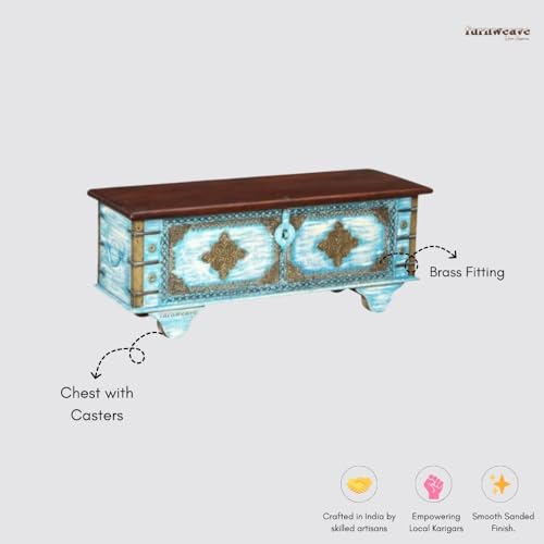 Image of Jave Wooden Trunk Box for Storage | Solid Wood Coffee Table for Living Room | Handcrafted Center Tea Table with Sandook Storage for Living Room | Pitara for Bedroom (Light Blue Distress)