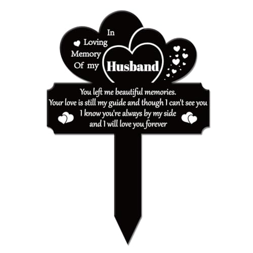 GLOBLELAND Heart Shaped Husband Garden Stake Memorial Remembrance Plaque Stake for Cemetery Acrylic Grave Stake Waterproof Sympathy Garden Stake for Yard Grave Cemetery