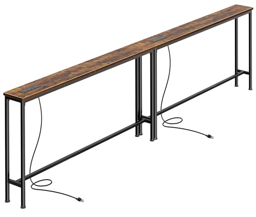 SUPERJARE 102.4 Inch Sofa Table with Power Outlets and USB-C Ports, 5.9 Inch Narrow Console Tables, Entryway Hallway Couch Tables with Storage, Behind Sofa, Small Spaces, Living Room, Rustic Brown