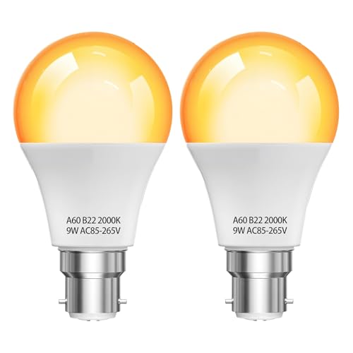 HomiShine 2000K B22 LED Bulb Amber Warm Light Bulb GLS A60 BC Bayonet Light Bulbs, 9W (60W Equivalent) Blue Light Blocking Warm Light Bulbs for Healthy Sleep, Bedroom, Nursery, Energy Saving, 2 Pack