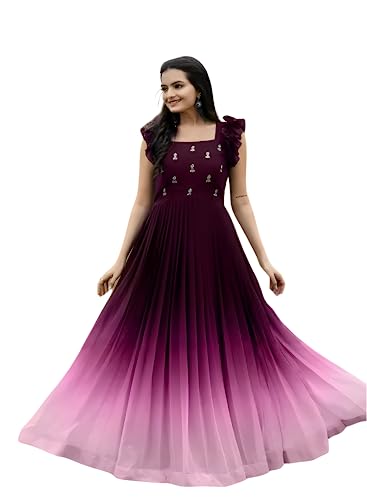 Image of LAZZLY Women's Georgette Ankle Length Dual Shaded Flared Embroidered Gown