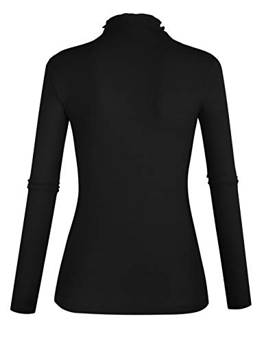 image for POPZONE Women's Black Ribbed Lettuce Trim Mockneck Long Sleeve Tops Ba