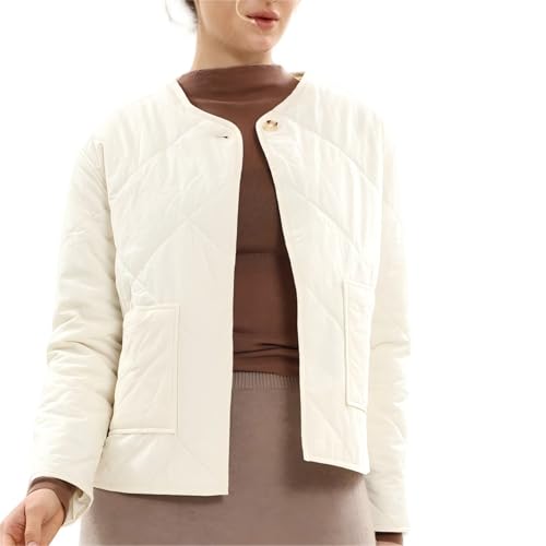 Image of Amazhiyu Womens Quilted Jacket, Winter Lightweight Diamond Quilted Jacket with Pockets, Ladies Long Sleeves Warm Button Padded Coats Beige M