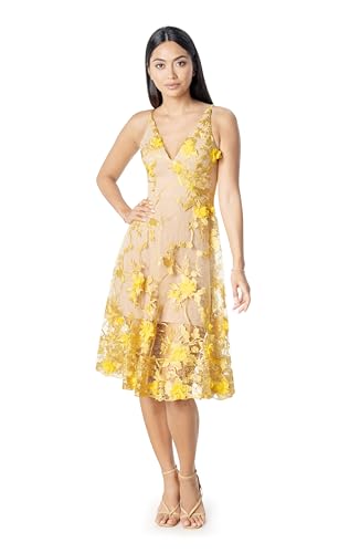Image of Dress The Population Womens Audrey Spaghetti Strap Midi A-line 3D Floral Dress