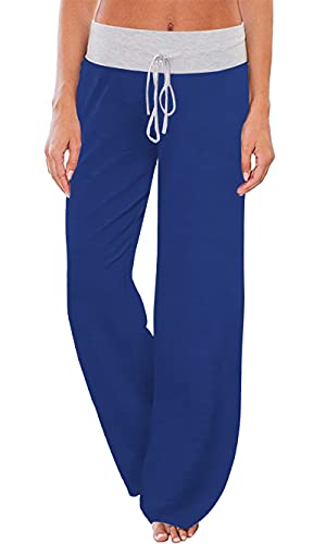 MISFAY Damen Pyjamahose Lounge Kordelzug Weites Bein Palazzo Frauen Bequeme High Waist Hosen Soft (Königsblau,Small) Cover