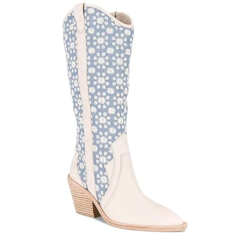 Cowgirl Knee High Boots for Women Block Heel and Pointed Toe Suede and Faux Leather with Flower Embroidery Boots