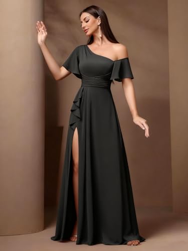 Image of One Shoulder Bridesmaid Dresses for Women with Pockets Short Sleeve Ruffled Chiffon Formal Evening Gowns