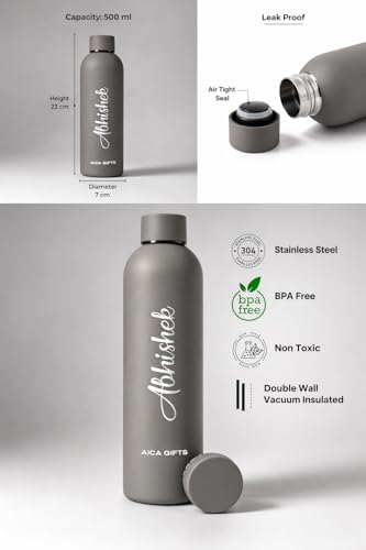 Image of AICA Personalized Name Stainless Steel Water Bottle -500ml-12Hrs Hot & 18Hrs Cold (Grey) |Customised Gift For Man Woman Girl Boy