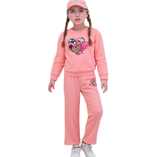 Image of Girls Valentine's Day Outfit Heart Love Print Sweatshirt Kids Girls Clothes Set